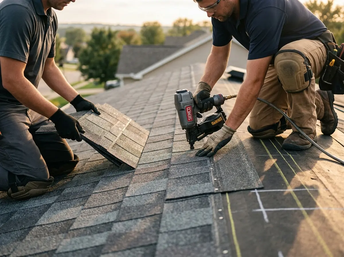 Professional roofer working on a residential roof in Rockcreek